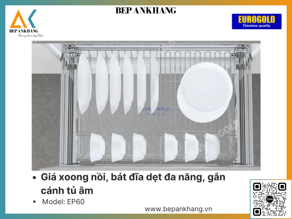 Giá xoong nồi, bát đĩa dẹt đa năng, gắn cánh tủ âm Eurogold EP60 - 600mm - Inox 